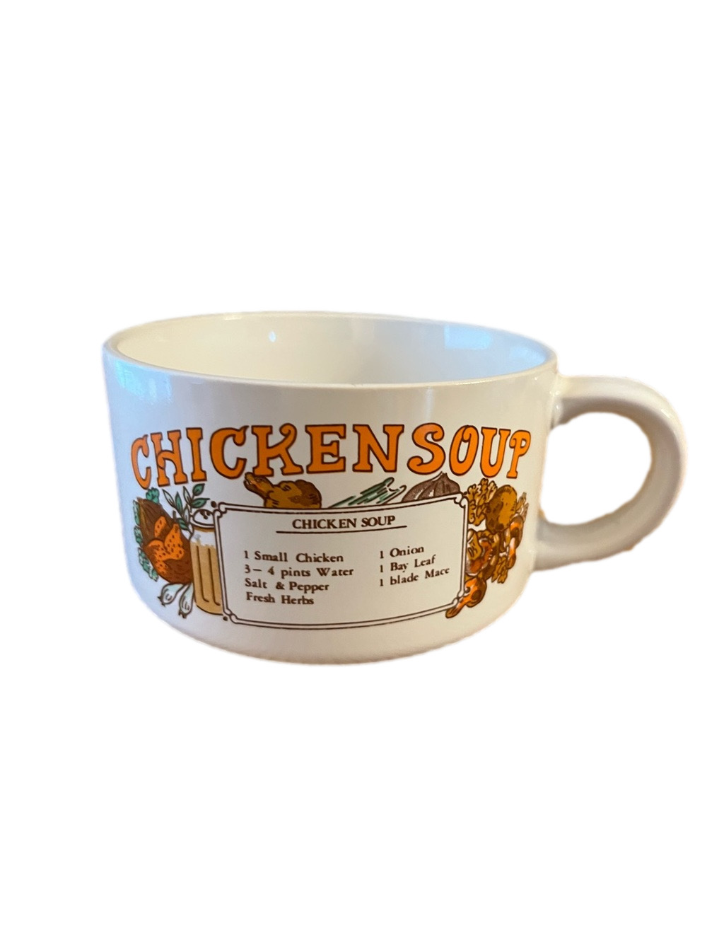 Vintage 1970s Ceramic Chicken Soup Recipe Mug Bowl with Handle